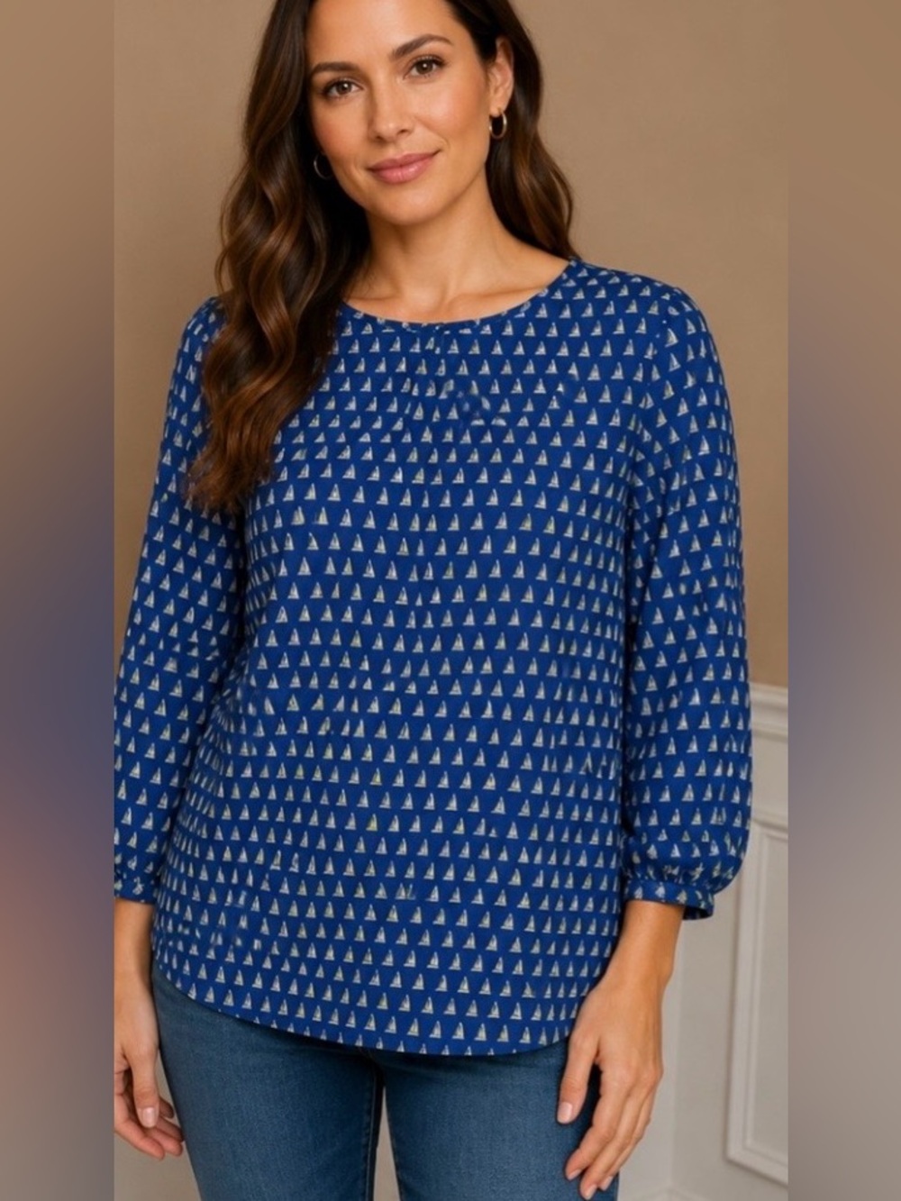 Merona Blue Sailboat Print 3/4 Sleeve Blouse XS Petite